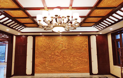 莲池中式别墅客厅中式木作横梁吊顶装饰展示